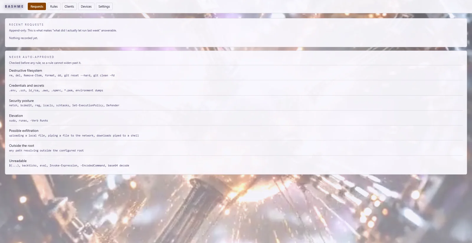 bashme approval gate: the request log and the never-auto-approved list of commands no rule can wave through.