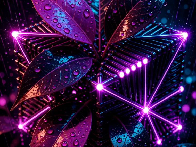 Rain-beaded leaves growing through a neon circuit lattice, lit violet and cyan.