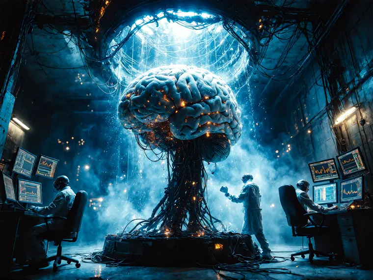Technicians at monitoring stations around a vast illuminated brain suspended in cabling inside an industrial chamber.