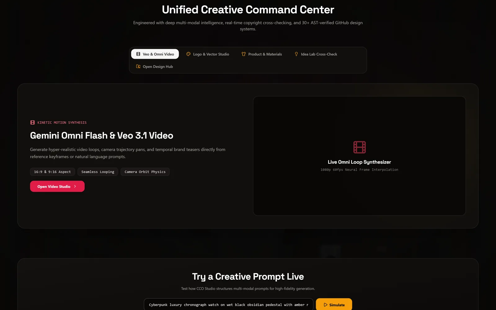 A section headed Unified Creative Command Center with tabs for Veo and Omni Video, Logo and Vector Studio, Product and Materials, Idea Lab Cross-Check and Open Design Hub.