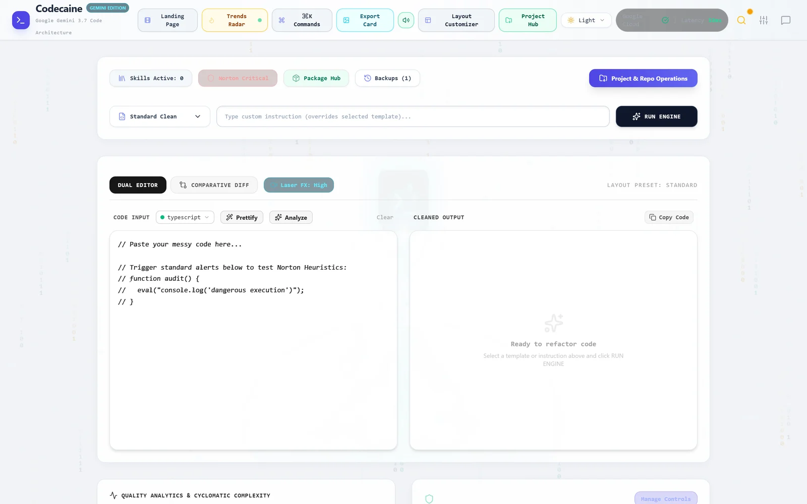 A light code-review workspace with an input editor on the left, an empty cleaned-output pane on the right reading Ready to refactor code, and a toolbar showing Skills Active, a Norton Critical pill, Package Hub, Backups and Project and Repo Operations.