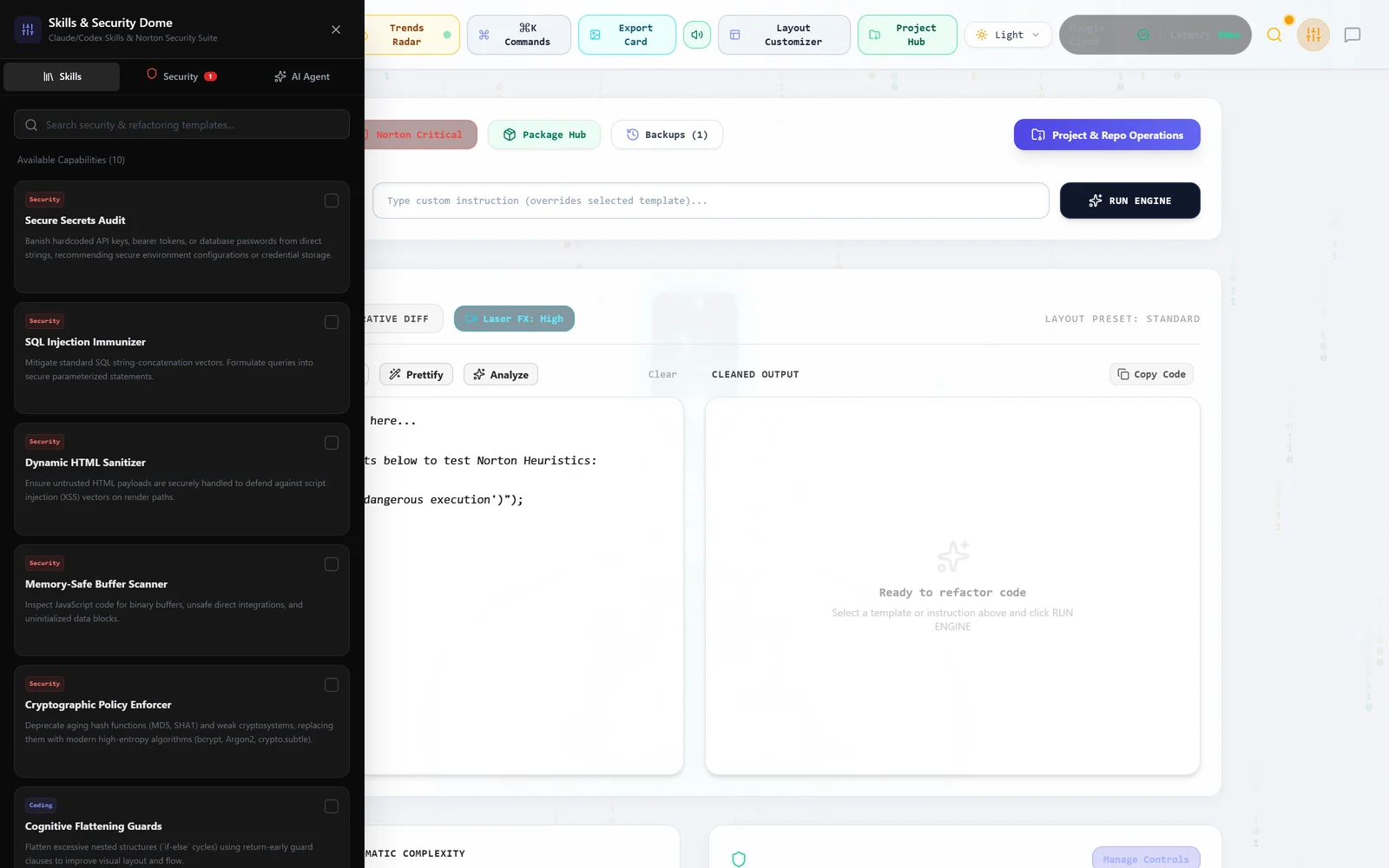 A slide-over panel titled Skills and Security Dome listing capabilities including Secure Secrets Audit, SQL Injection Immunizer, Dynamic HTML Sanitizer, Memory-Safe Buffer Scanner and Cryptographic Policy Enforcer, each with a checkbox.