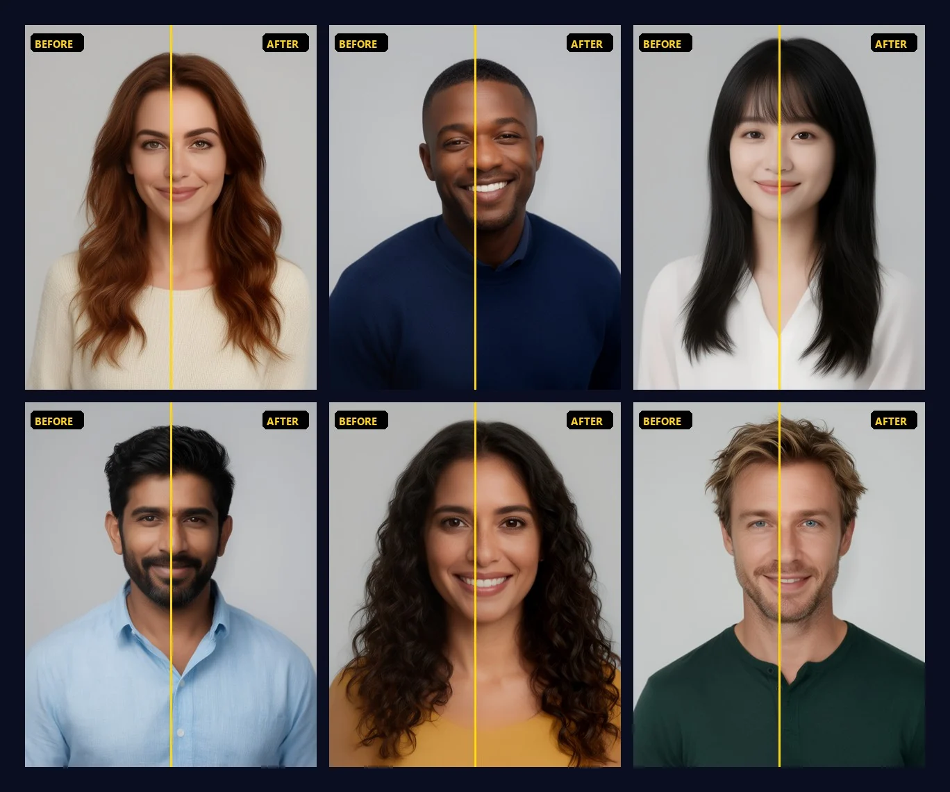 A grid of six portraits, each split down the middle with the original on the left and the retouched version on the right: a woman with auburn hair, a smiling man in a navy sweater, a woman with black hair and bangs, a bearded man in a blue shirt, a woman with dark curls and a man with blond hair.