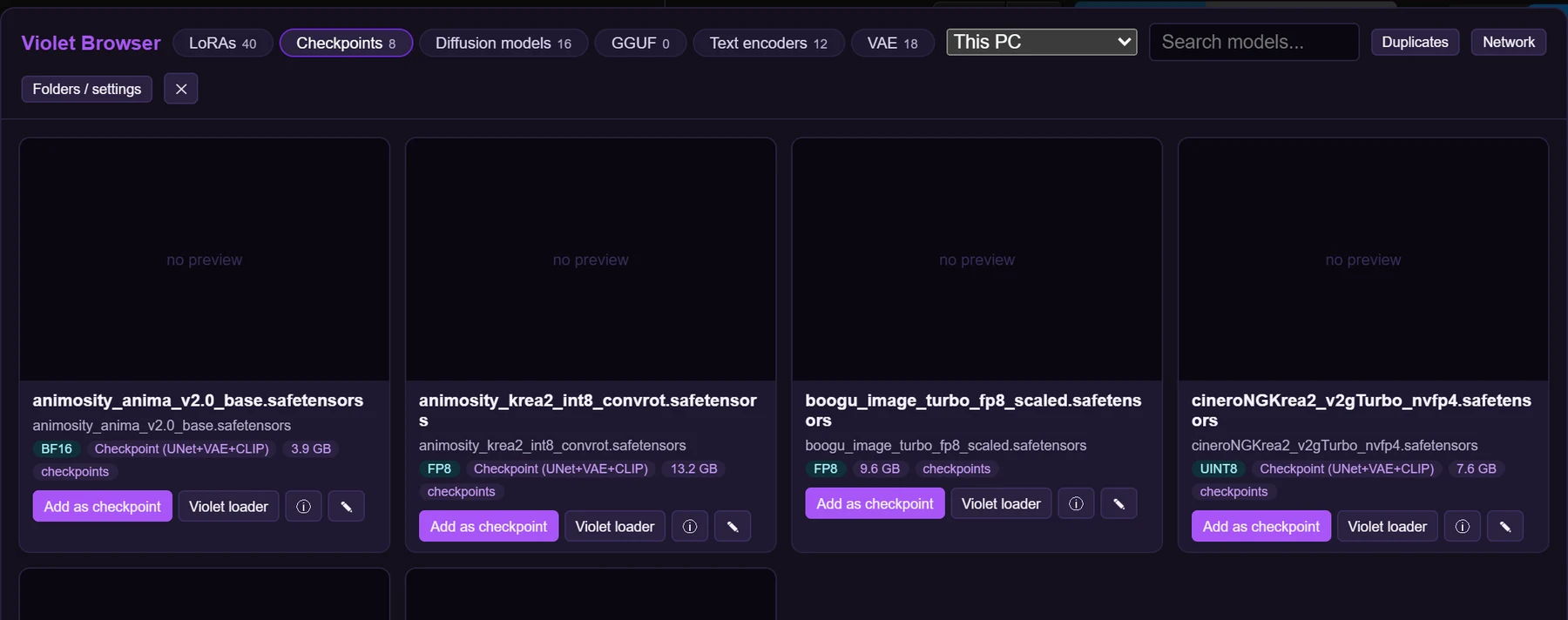 The Violet Browser on its Checkpoints tab: cards for checkpoint files showing precision pills such as BF16, FP8, UINT8 and INT8, the checkpoint layout, file size, and Add as checkpoint and Violet loader buttons.